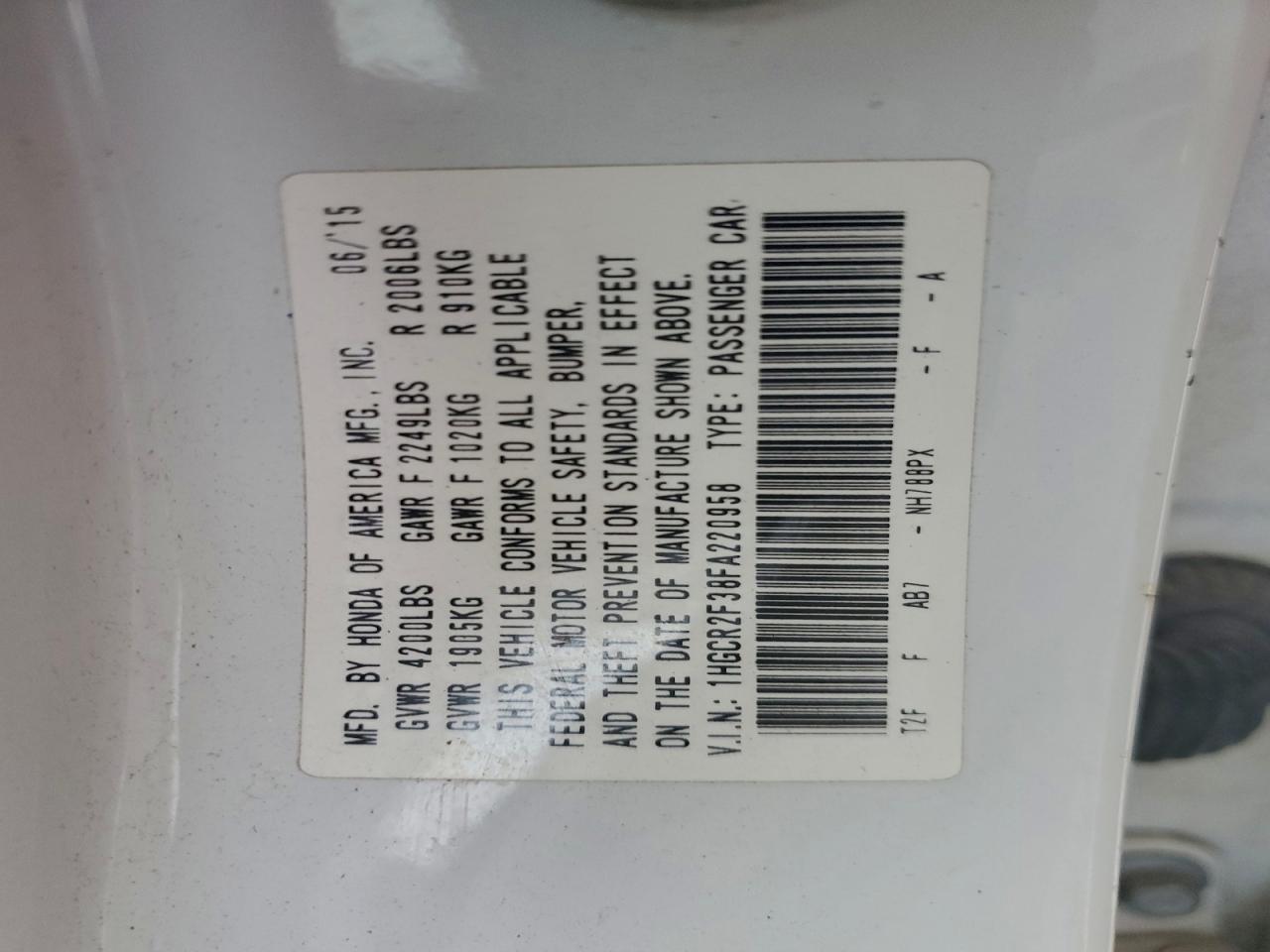 2015 Honda Accord Lx VIN: 1HGCR2F38FA220958 Lot: 93990975