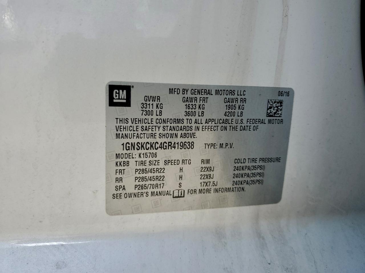 2016 Chevrolet Tahoe K1500 Ltz VIN: 1GNSKCKC4GR419638 Lot: 94687385