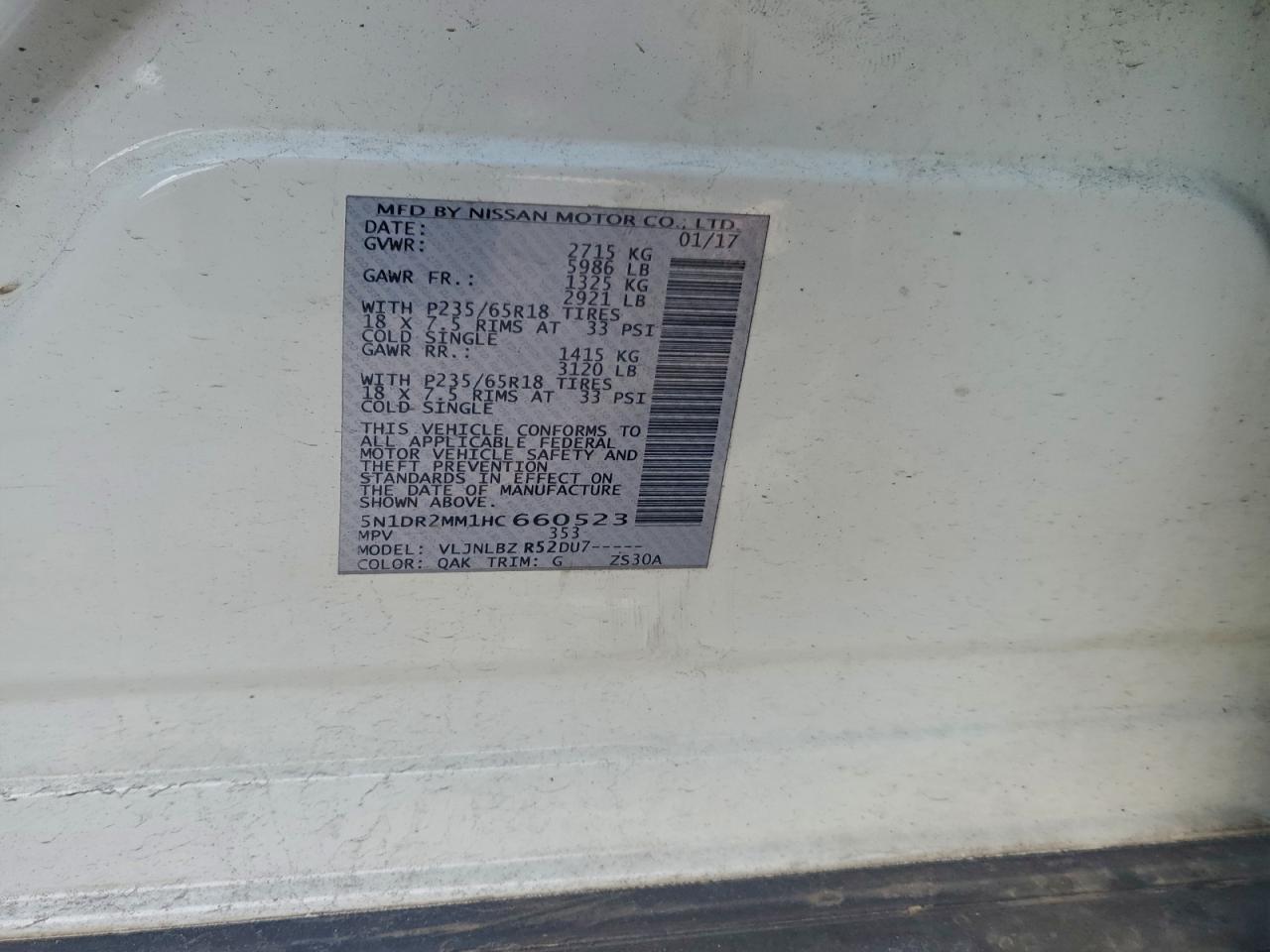 2017 Nissan Pathfinder S VIN: 5N1DR2MM1HC660523 Lot: 96307935