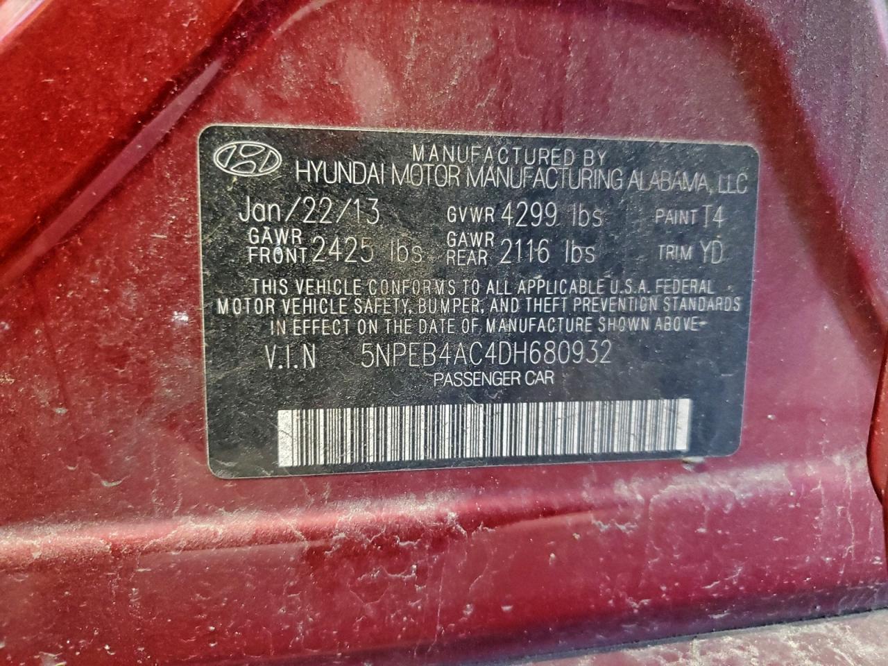 2013 Hyundai Sonata Gls VIN: 5NPEB4AC4DH680932 Lot: 94895005