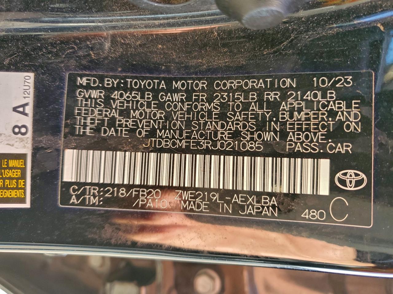 2024 Toyota Corolla Le VIN: JTDBCMFE3RJ021085 Lot: 93647165