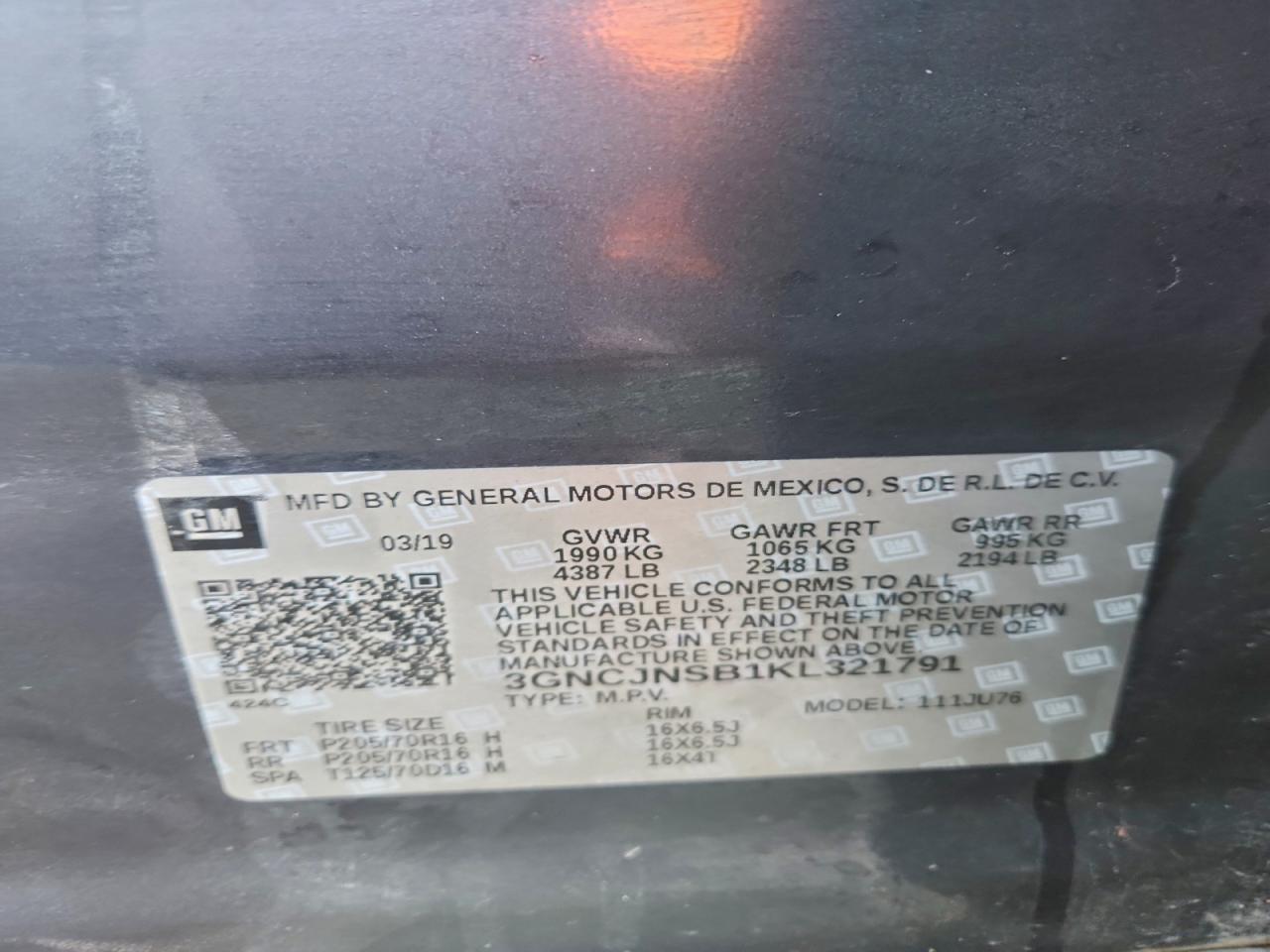 2019 Chevrolet Trax Ls VIN: 3GNCJNSB1KL321791 Lot: 96218795