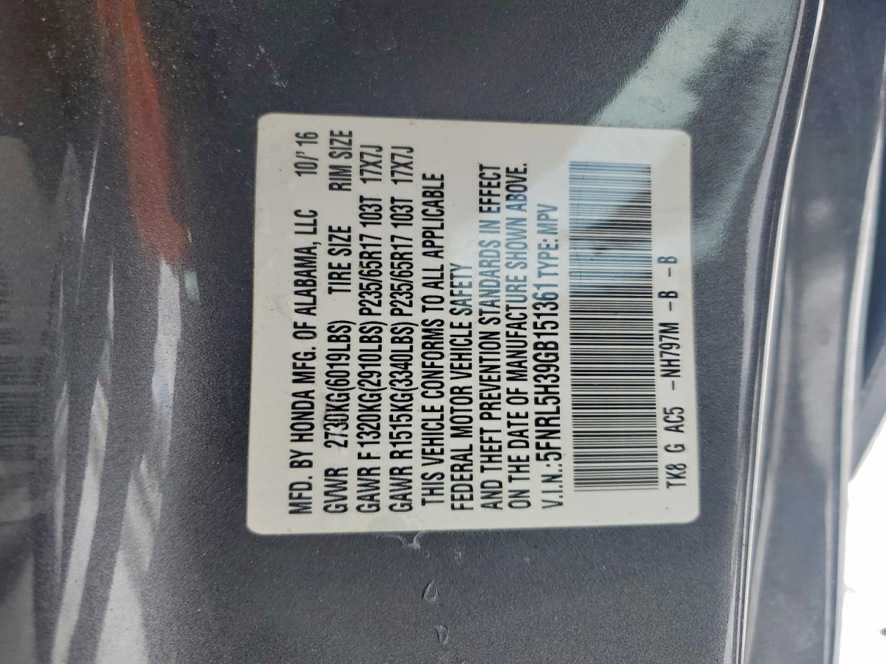 2016 Honda Odyssey Se VIN: 5FNRL5H39GB151361 Lot: 96227155