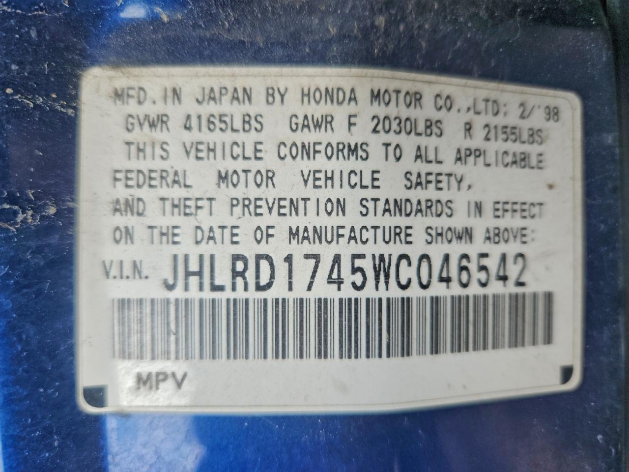 1998 Honda Cr-V Lx VIN: JHLRD1745WC046542 Lot: 96629895