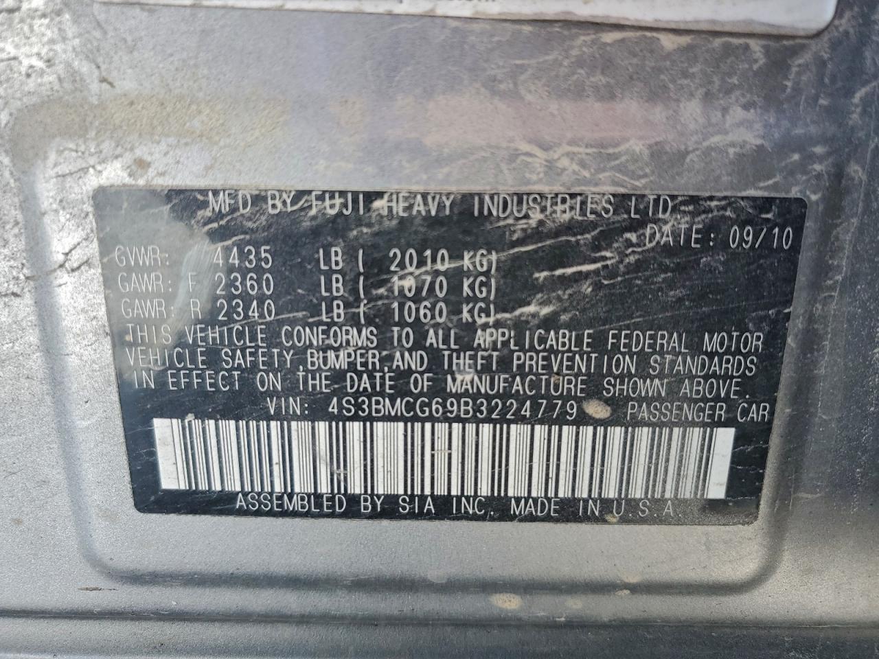 2011 Subaru Legacy 2.5I Premium VIN: 4S3BMCG69B3224779 Lot: 95498925