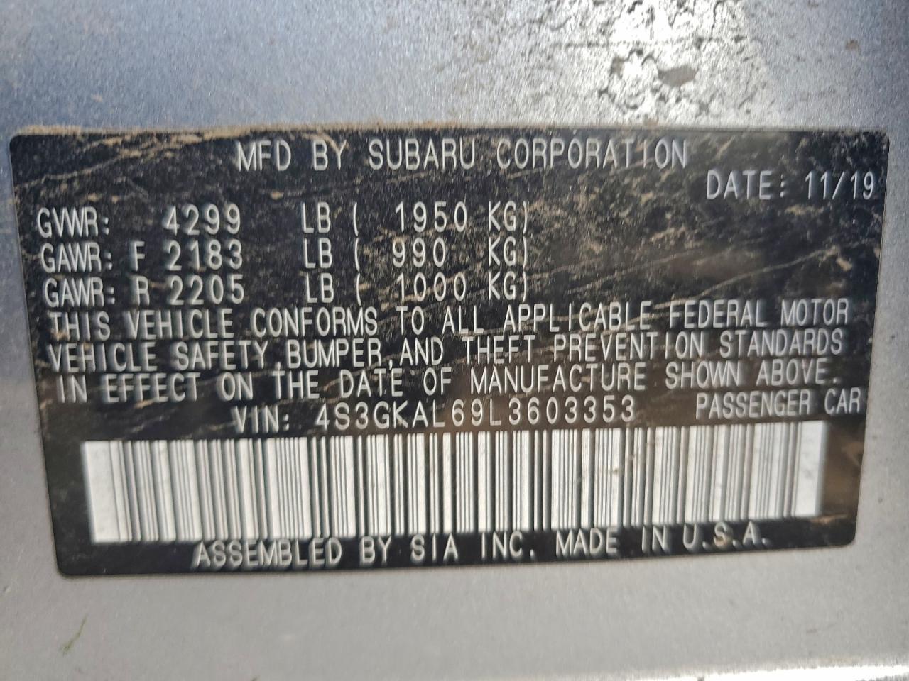 2020 Subaru Impreza Sport VIN: 4S3GKAL69L3603353 Lot: 93910375