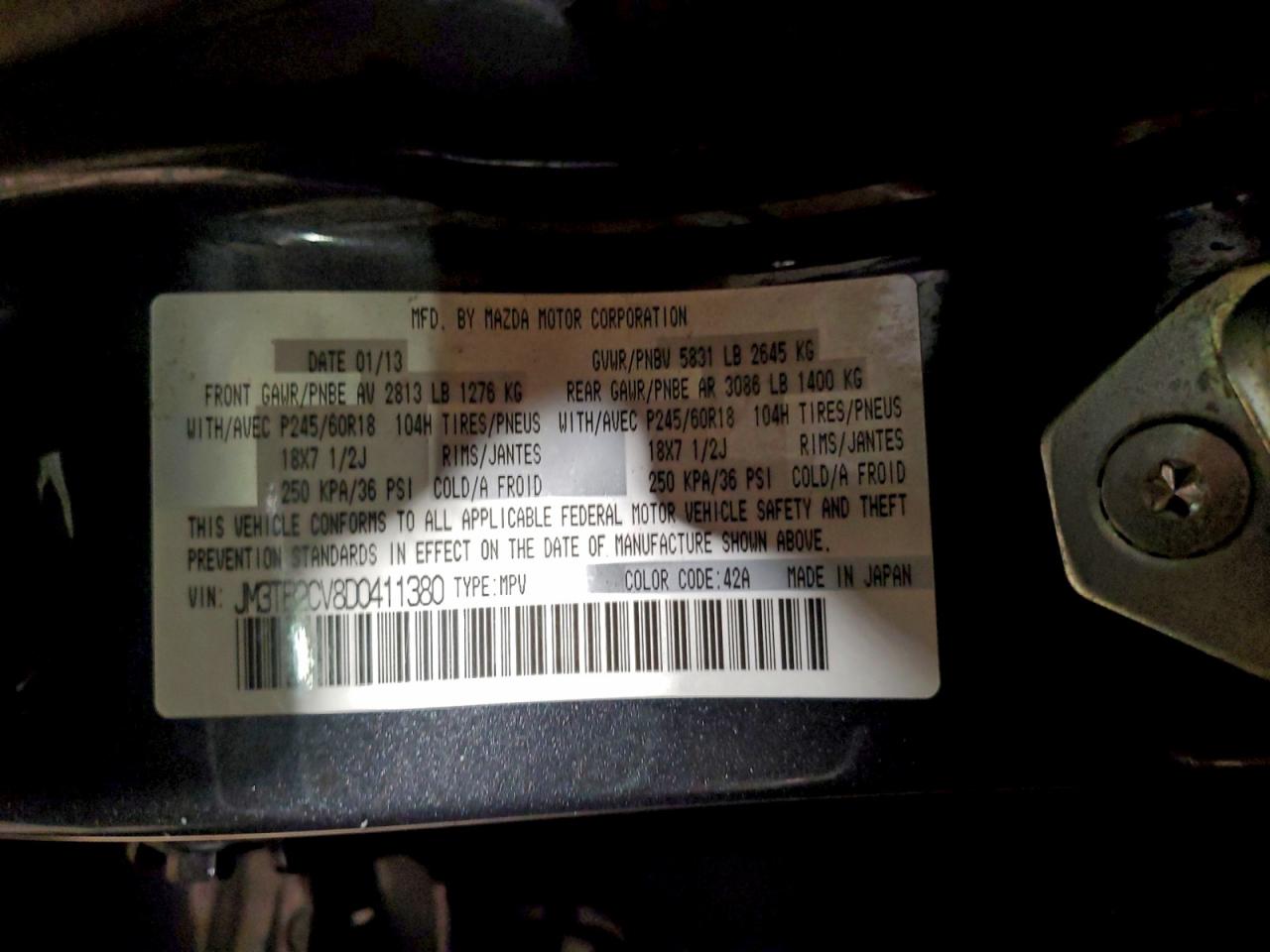 2013 Mazda Cx-9 Touring VIN: JM3TB2CV8D0411380 Lot: 95622815