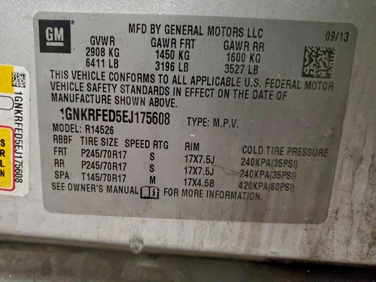 2014 Chevrolet Traverse Ls VIN: 1GNKRFED5EJ175608 Lot: 95868835