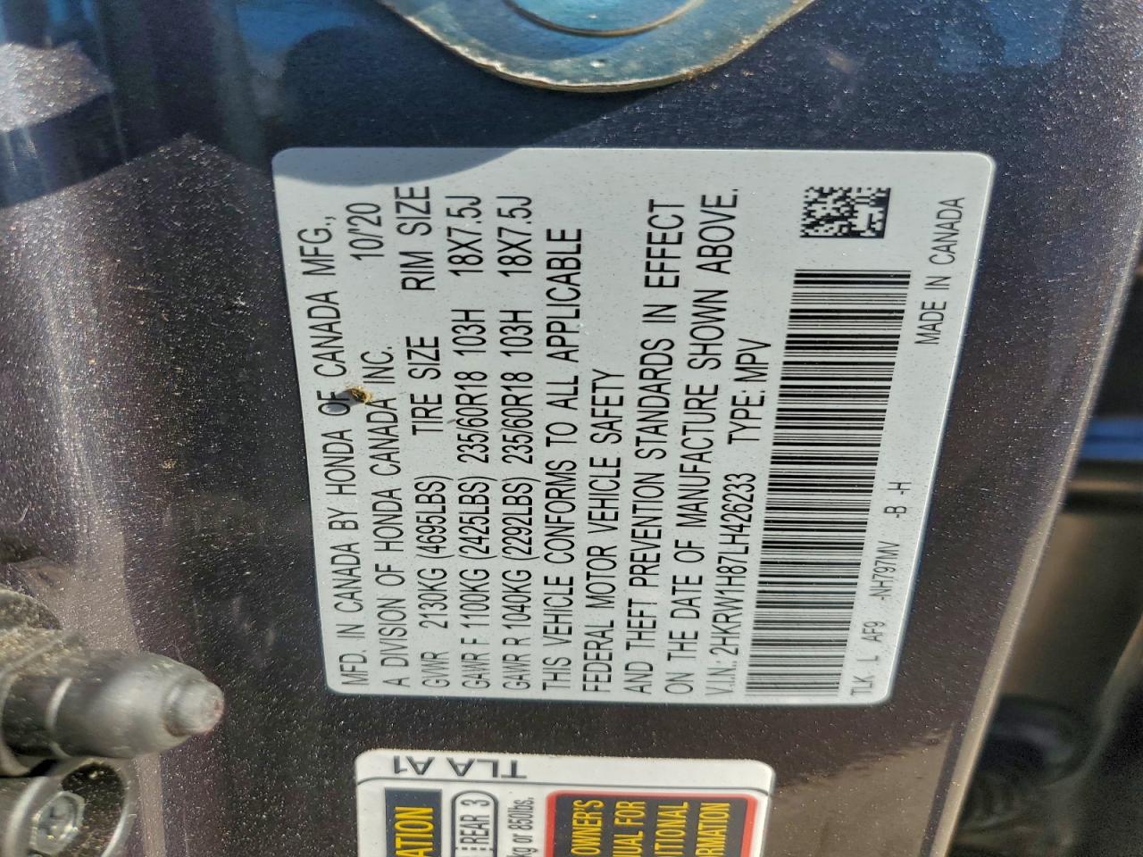 2020 Honda Cr-V Exl VIN: 2HKRW1H87LH426233 Lot: 96280155