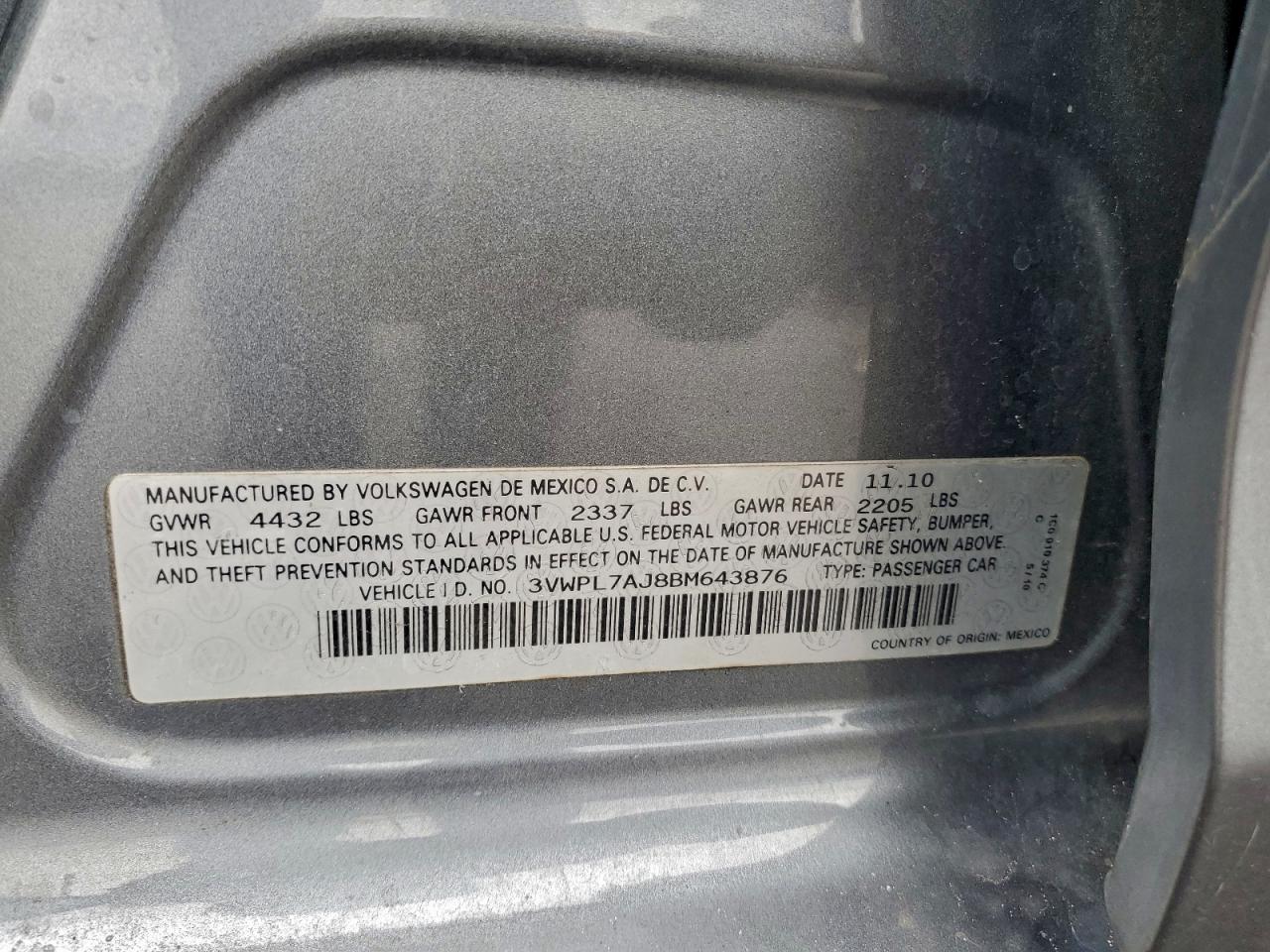 2011 Volkswagen Jetta Tdi VIN: 3VWPL7AJ8BM643876 Lot: 95842585