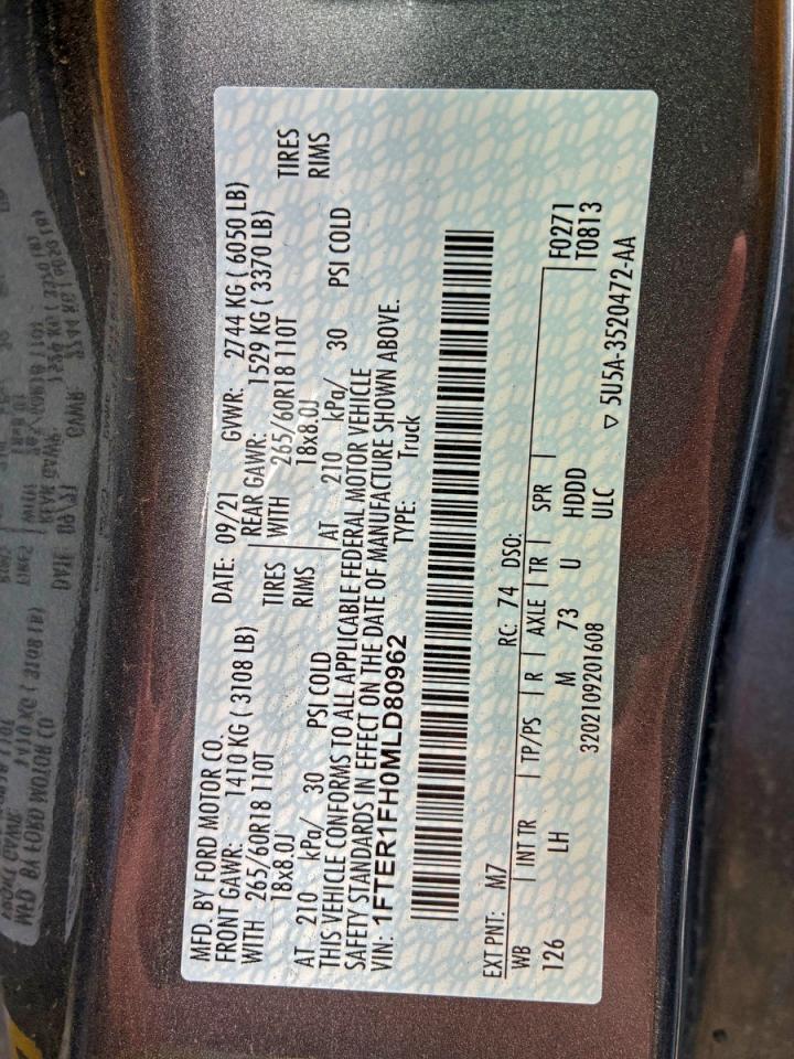 2021 Ford Ranger Xl VIN: 1FTER1FH0MLD80962 Lot: 97646235