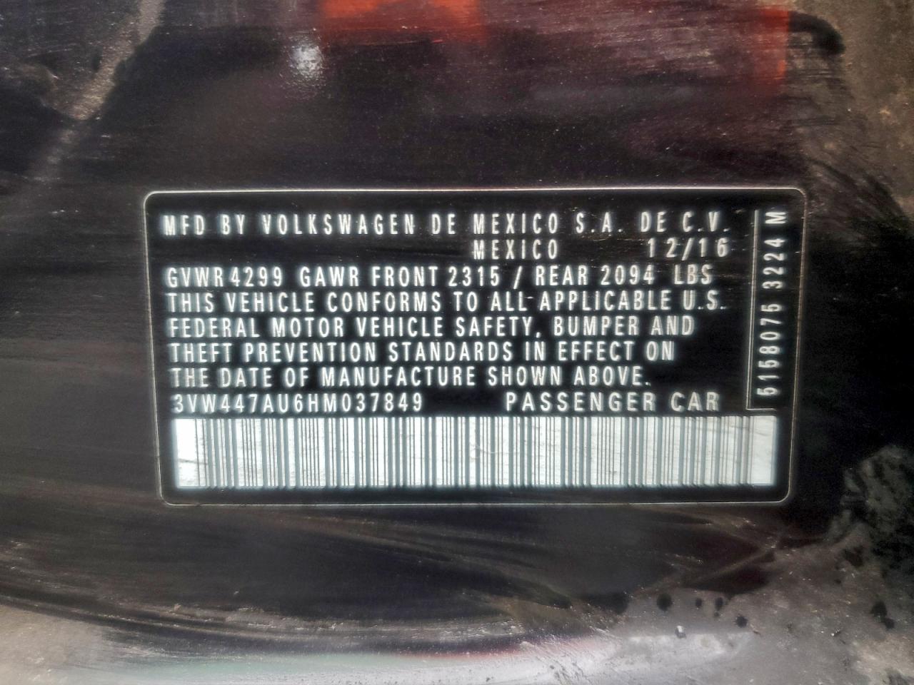 2017 Volkswagen Gti S/Se VIN: 3VW447AU6HM037849 Lot: 96912725