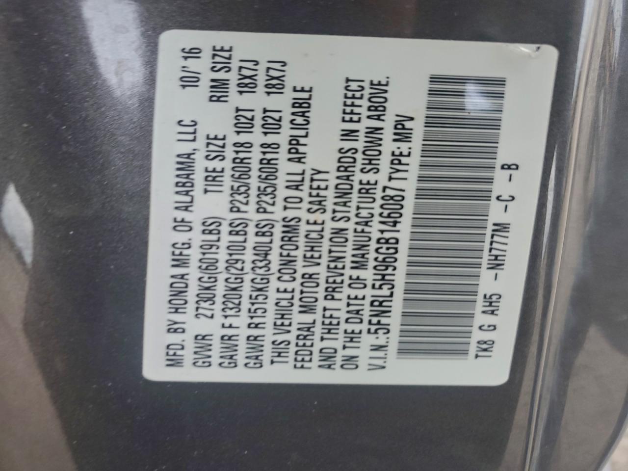 2016 Honda Odyssey Touring VIN: 5FNRL5H96GB146087 Lot: 95023625