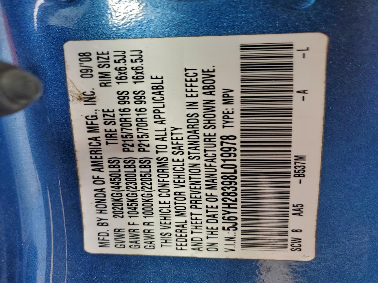 2008 Honda Element Lx VIN: 5J6YH28398L019978 Lot: 95723195