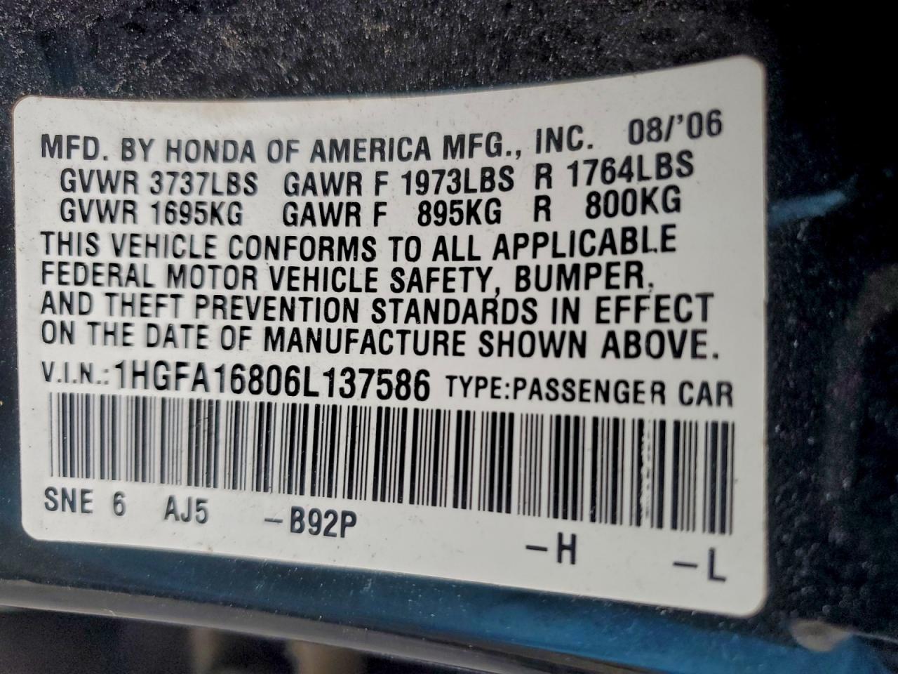 2006 Honda Civic Ex VIN: 1HGFA16806L137586 Lot: 96383705