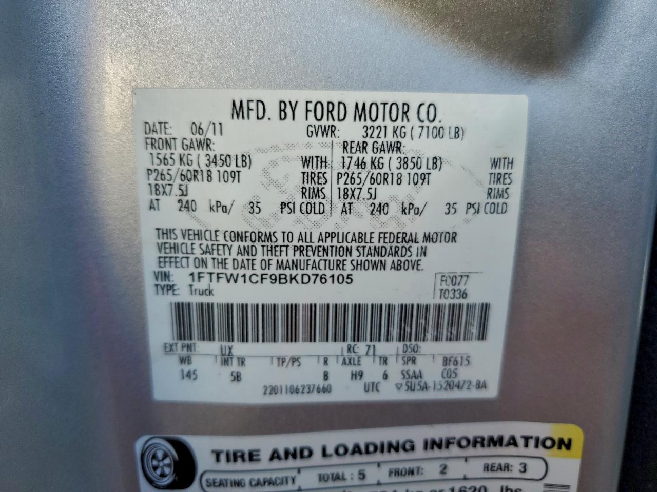 2011 Ford F150 Supercrew VIN: 1FTFW1CF9BKD76105 Lot: 94693155