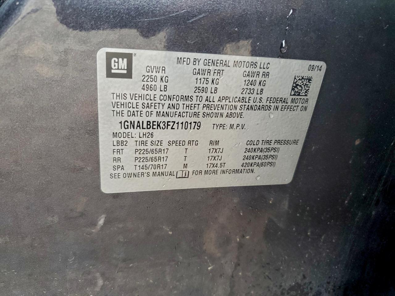 2015 Chevrolet Equinox Lt VIN: 1GNALBEK3FZ110179 Lot: 94478925