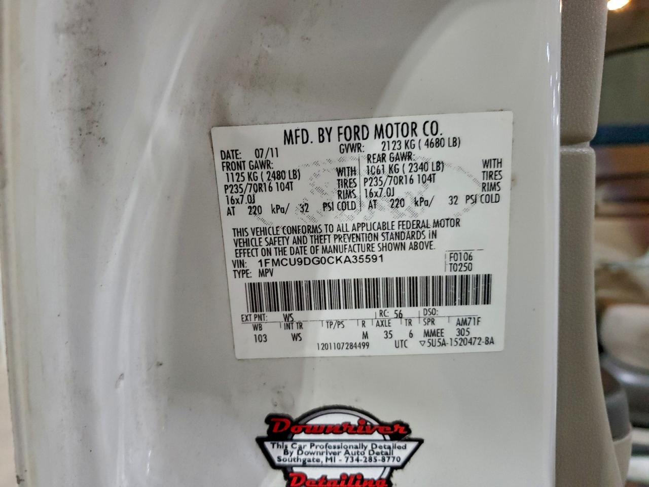 2012 Ford Escape Xlt VIN: 1FMCU9DG0CKA35591 Lot: 93621015