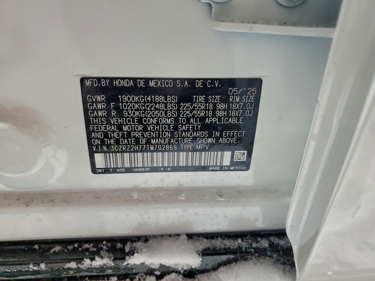 2026 Honda Hr-V Exl VIN: 3CZRZ2H77TM702869 Lot: 95024225