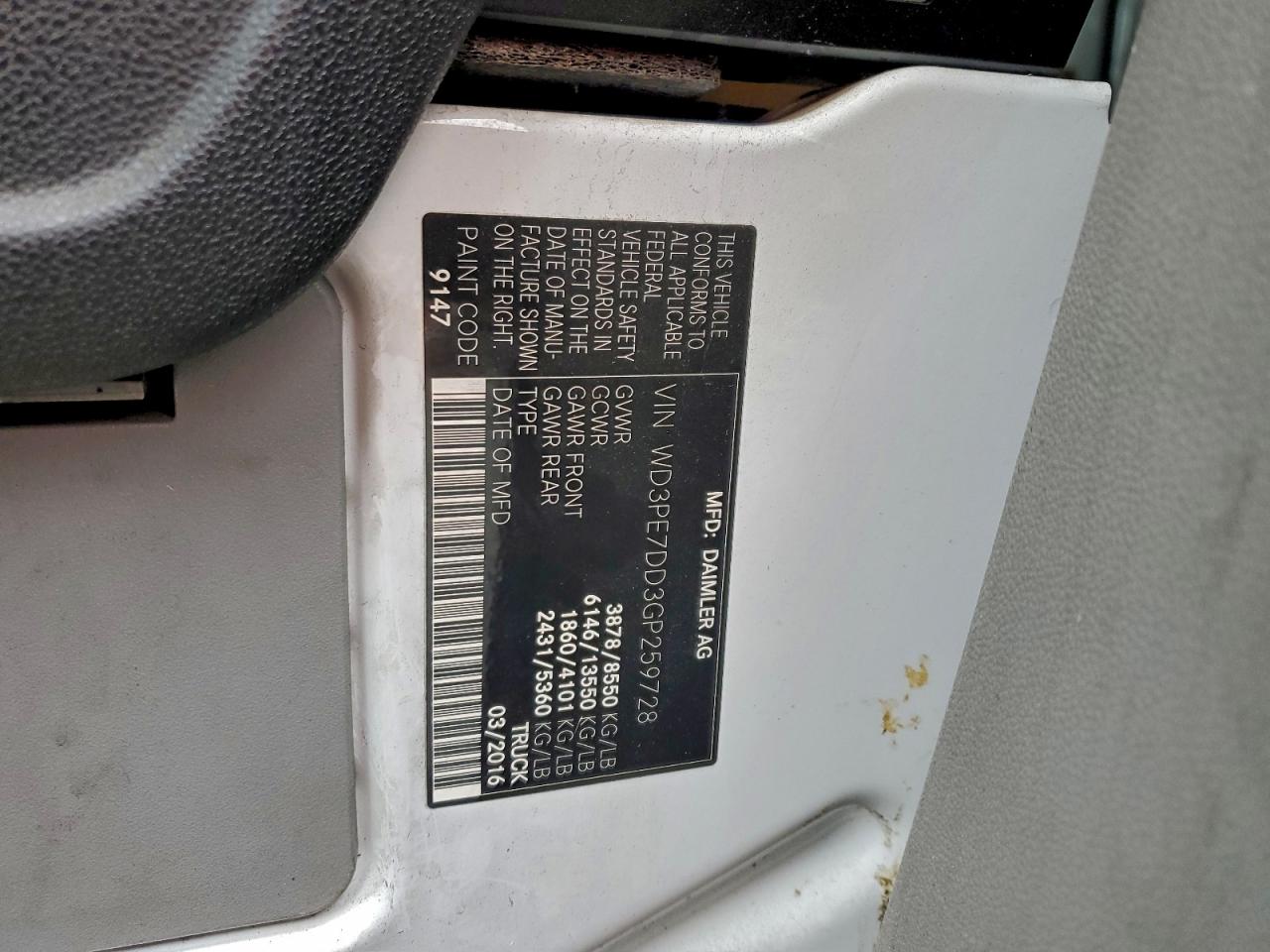 2016 Mercedes-Benz Sprinter 2500 VIN: WD3PE7DD3GP259728 Lot: 95209115