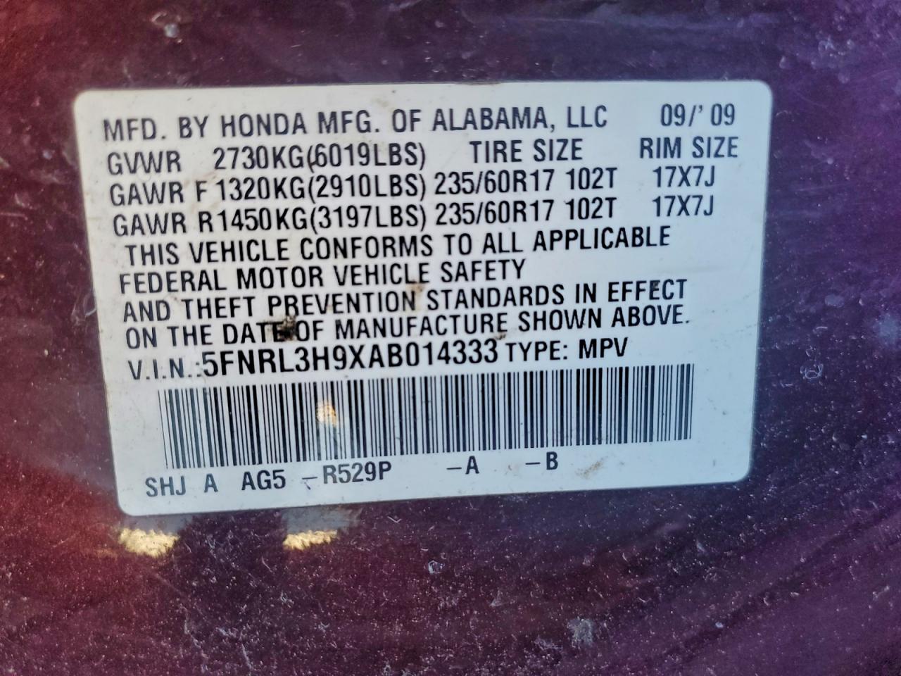 2010 Honda Odyssey Touring VIN: 5FNRL3H9XAB014333 Lot: 96267695