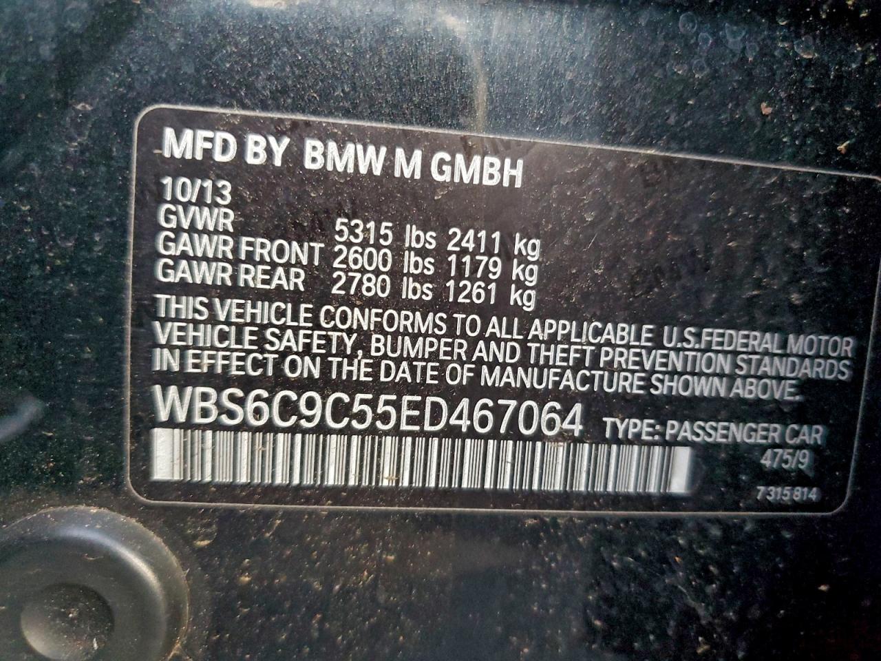 2014 BMW M6 Gran Coupe VIN: WBS6C9C55ED467064 Lot: 94534285