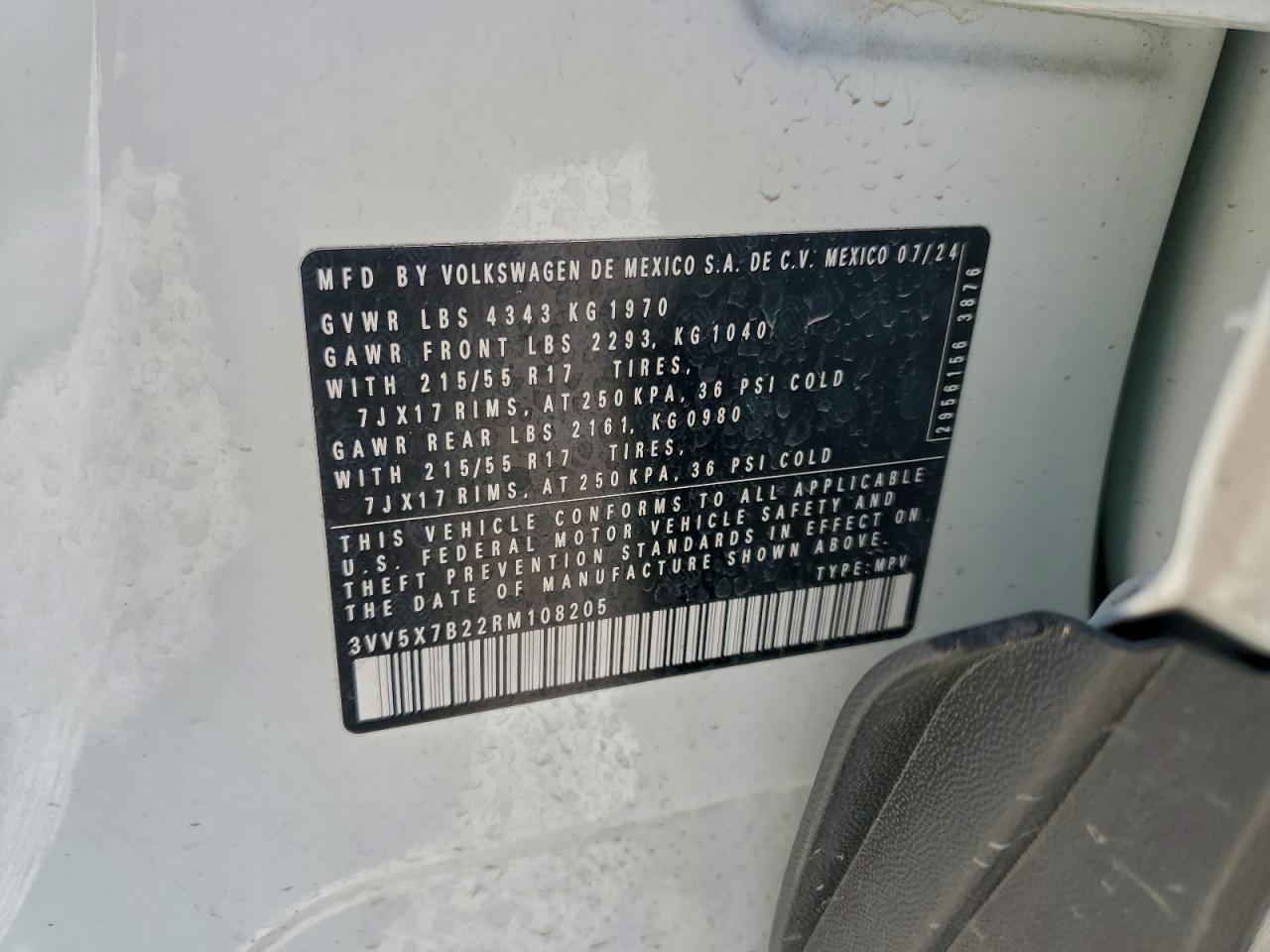 2024 Volkswagen Taos S VIN: 3VV5X7B22RM108205 Lot: 96306825