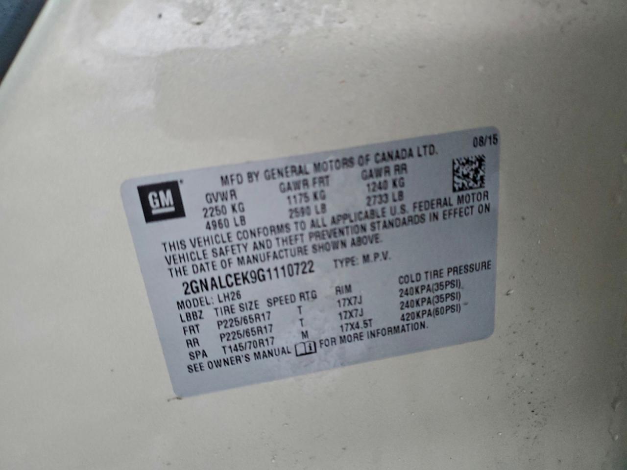 2016 Chevrolet Equinox Lt VIN: 2GNALCEK9G1110722 Lot: 95562475