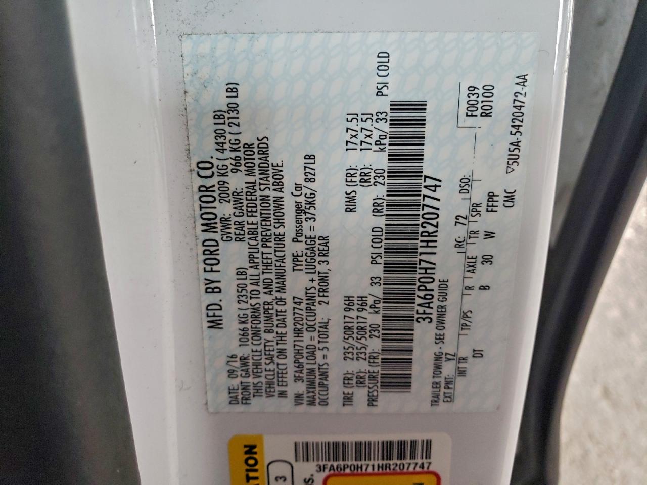 2017 Ford Fusion Se VIN: 3FA6P0H71HR207747 Lot: 95671635