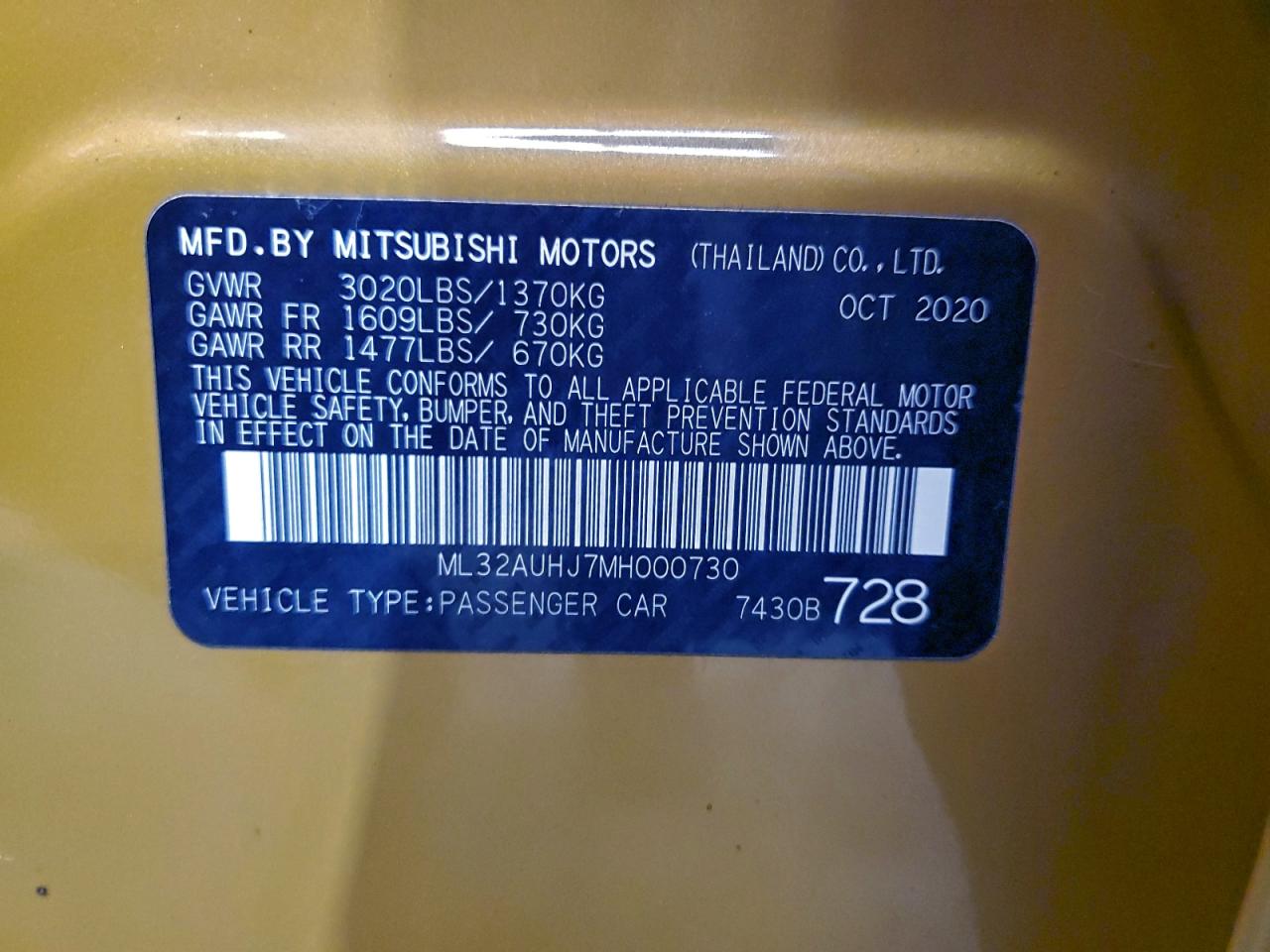 2021 Mitsubishi Mirage Es VIN: ML32AUHJ7MH000730 Lot: 96207015