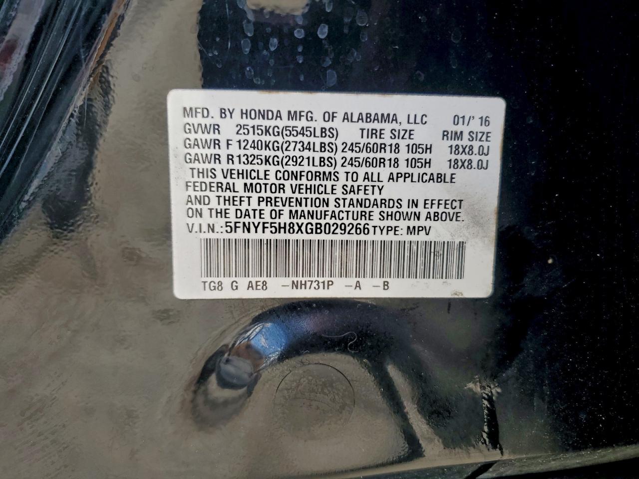 2016 Honda Pilot Exl VIN: 5FNYF5H8XGB029266 Lot: 94810185