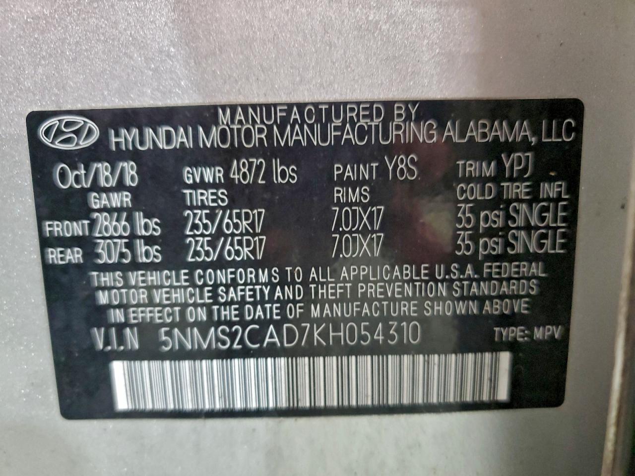 2019 Hyundai Santa Fe Se VIN: 5NMS2CAD7KH054310 Lot: 94944935