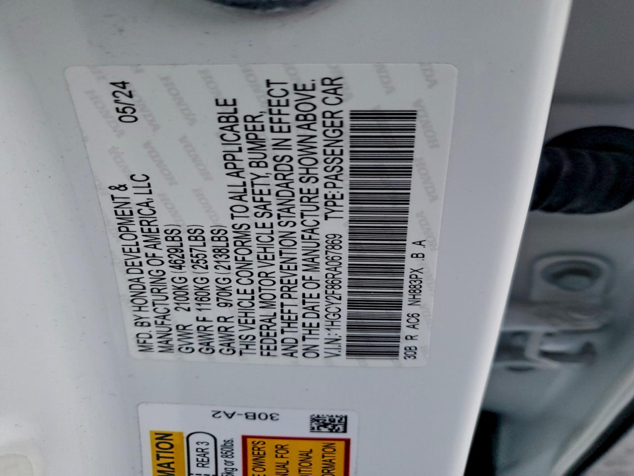 2024 Honda Accord Touring Hybrid VIN: 1HGCY2F86RA067869 Lot: 95187525