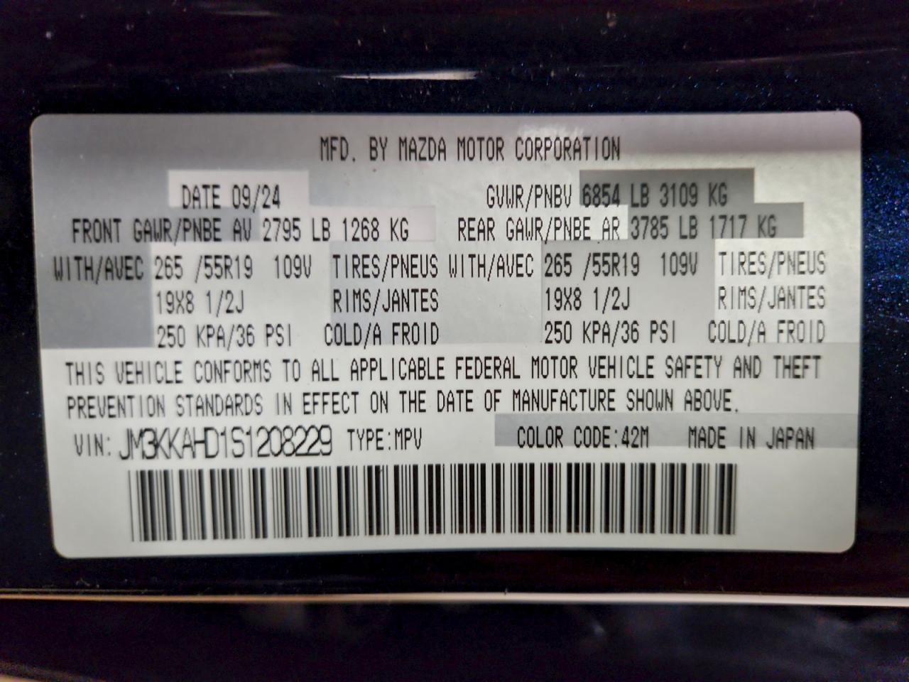 2025 Mazda Cx-90 Select VIN: JM3KKAHD1S1208229 Lot: 95549065