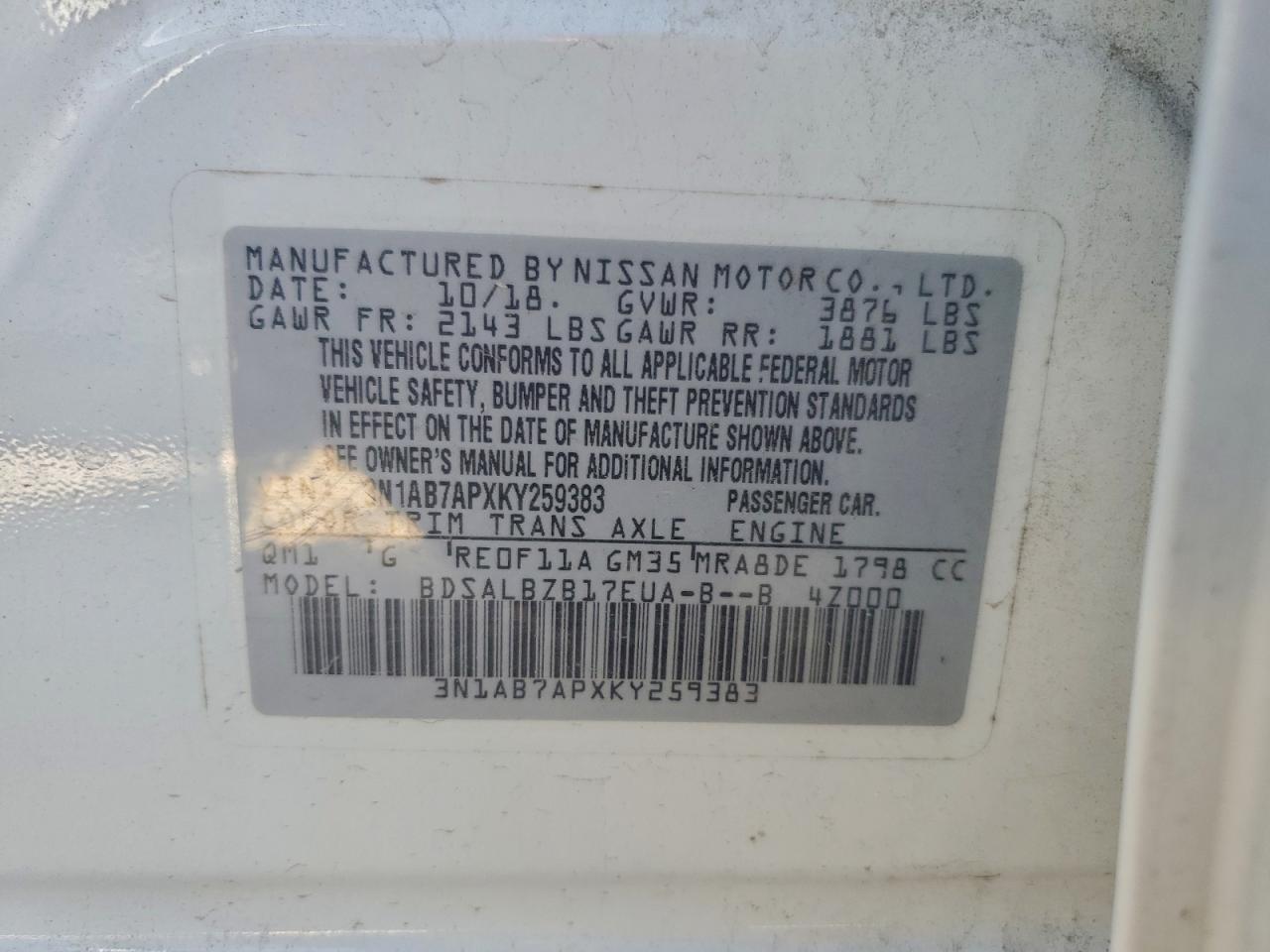 2019 Nissan Sentra S VIN: 3N1AB7APXKY259383 Lot: 96785905