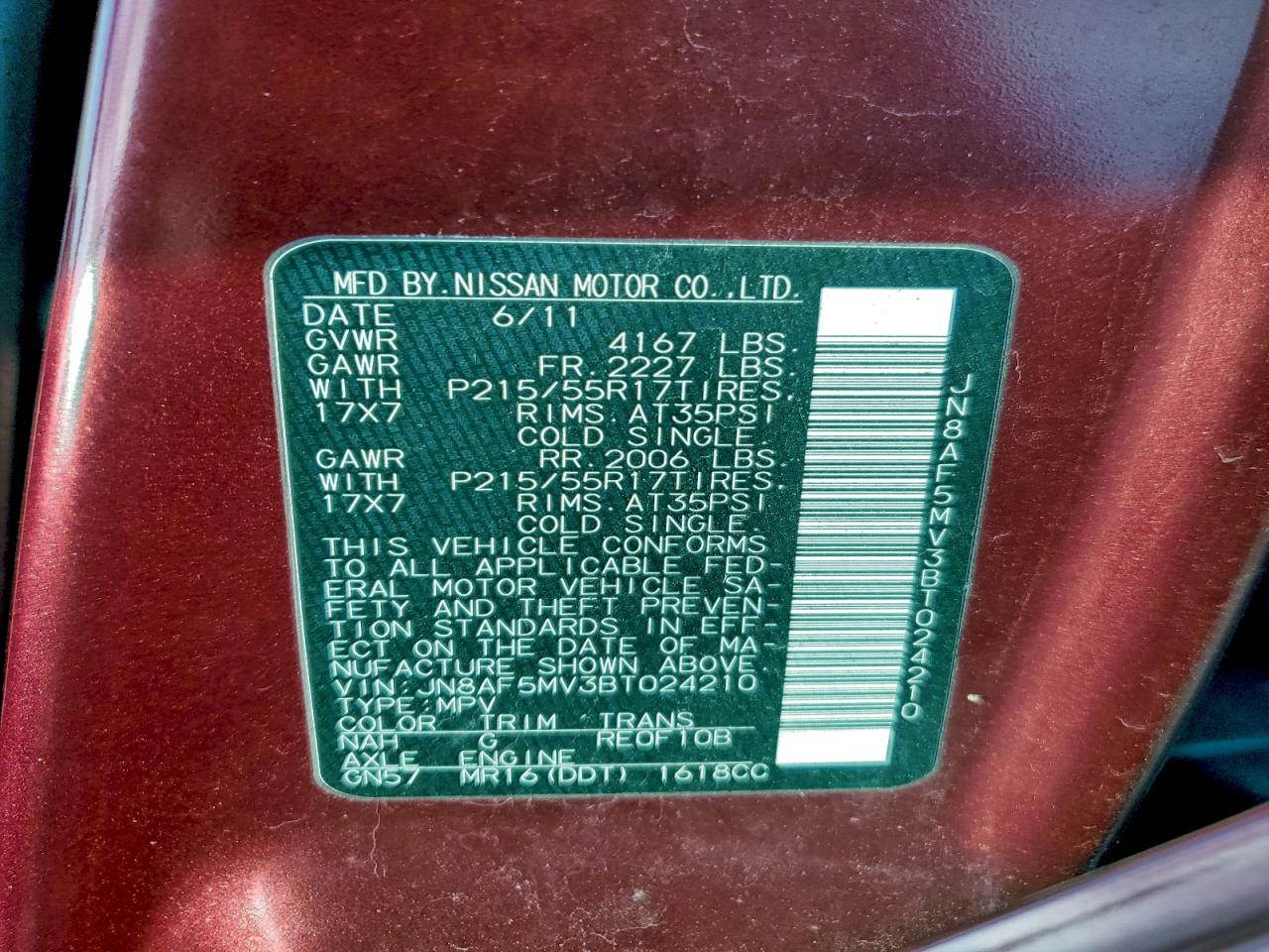 2011 Nissan Juke S VIN: JN8AF5MV3BT024210 Lot: 95210445