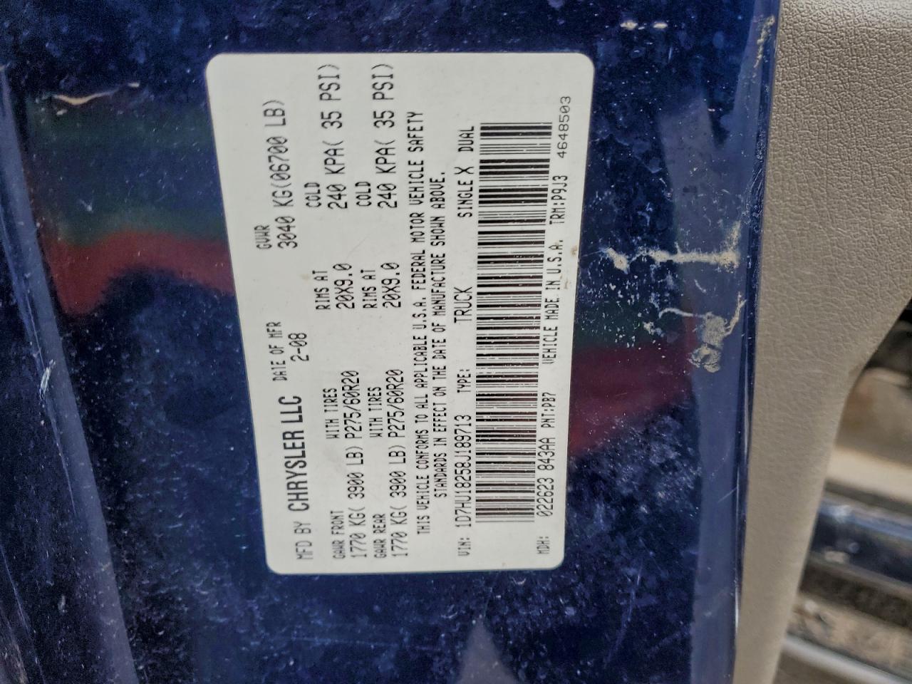 2008 Dodge Ram 1500 St VIN: 1D7HU18258J189713 Lot: 93860555