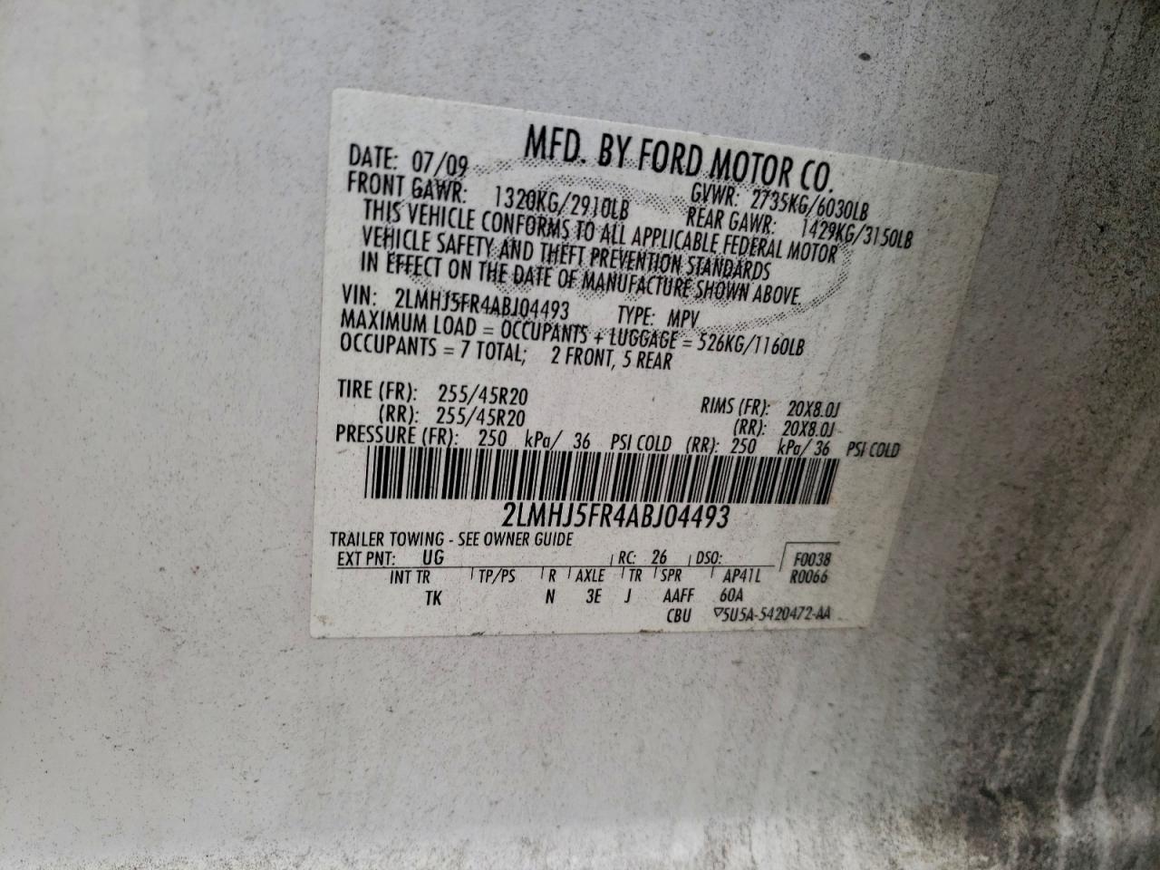 2010 Lincoln Mkt VIN: 2LMHJ5FR4ABJ04493 Lot: 95212805