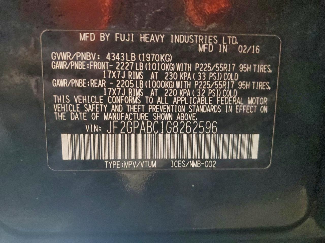 2016 Suba Crosstrek Premium W/ VIN: JF2GPABC1G8262596 Lot: 95525875