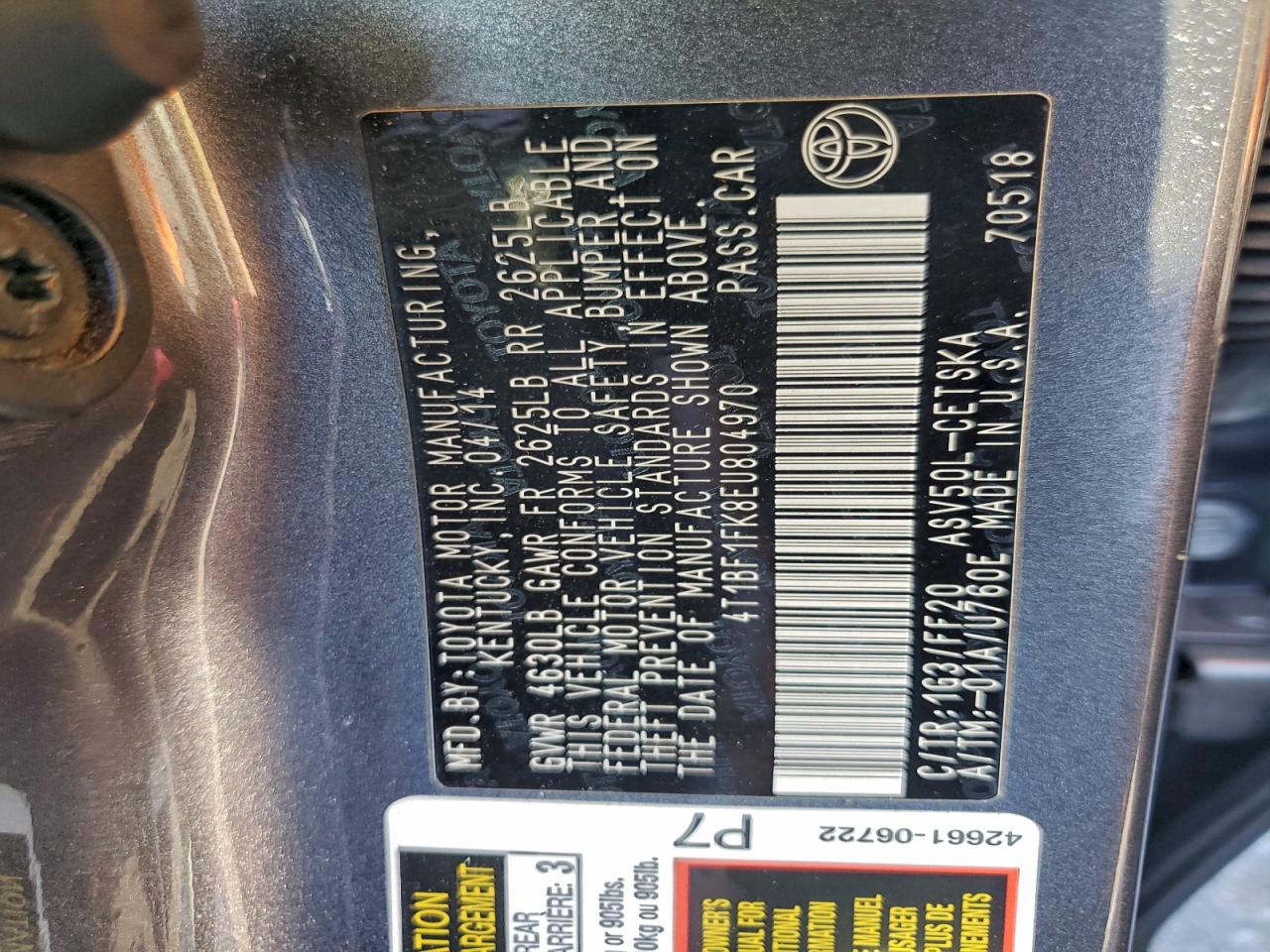 2014 Toyota Camry L VIN: 4T1BF1FK8EU804970 Lot: 94968175