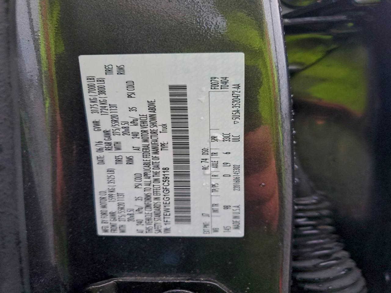 2016 Ford F150 Supercrew VIN: 1FTEW1EG1GFC59118 Lot: 94686345