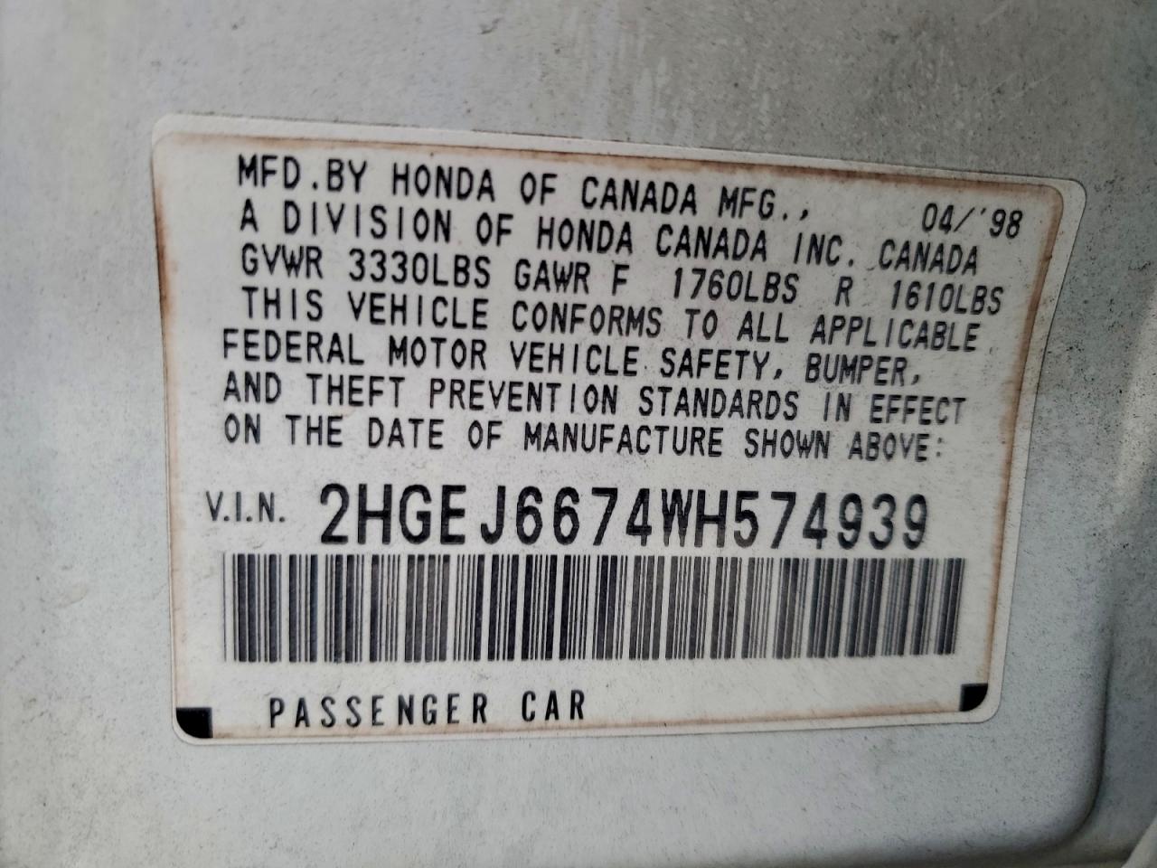 1998 Honda Civic Lx VIN: 2HGEJ6674WH574939 Lot: 94736015