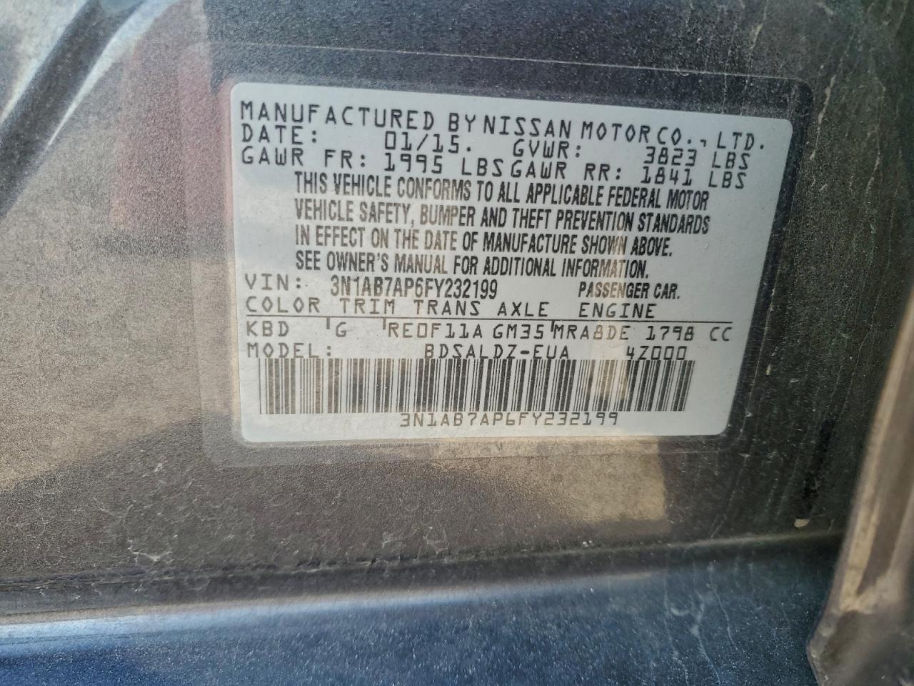 2015 Nissan Sentra S VIN: 3N1AB7AP6FY232199 Lot: 96809895