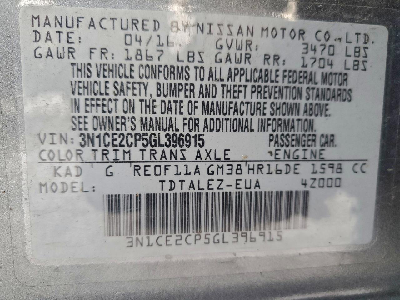 2016 Nissan Versa Note S VIN: 3N1CE2CP5GL396915 Lot: 94306185