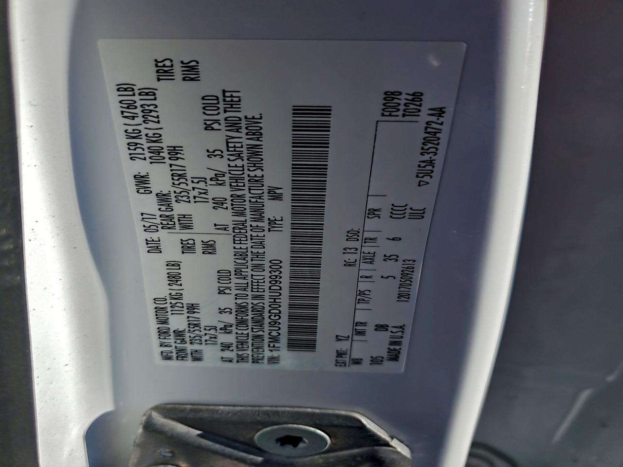 2017 Ford Escape Se VIN: 1FMCU9GD0HUD99300 Lot: 94177525