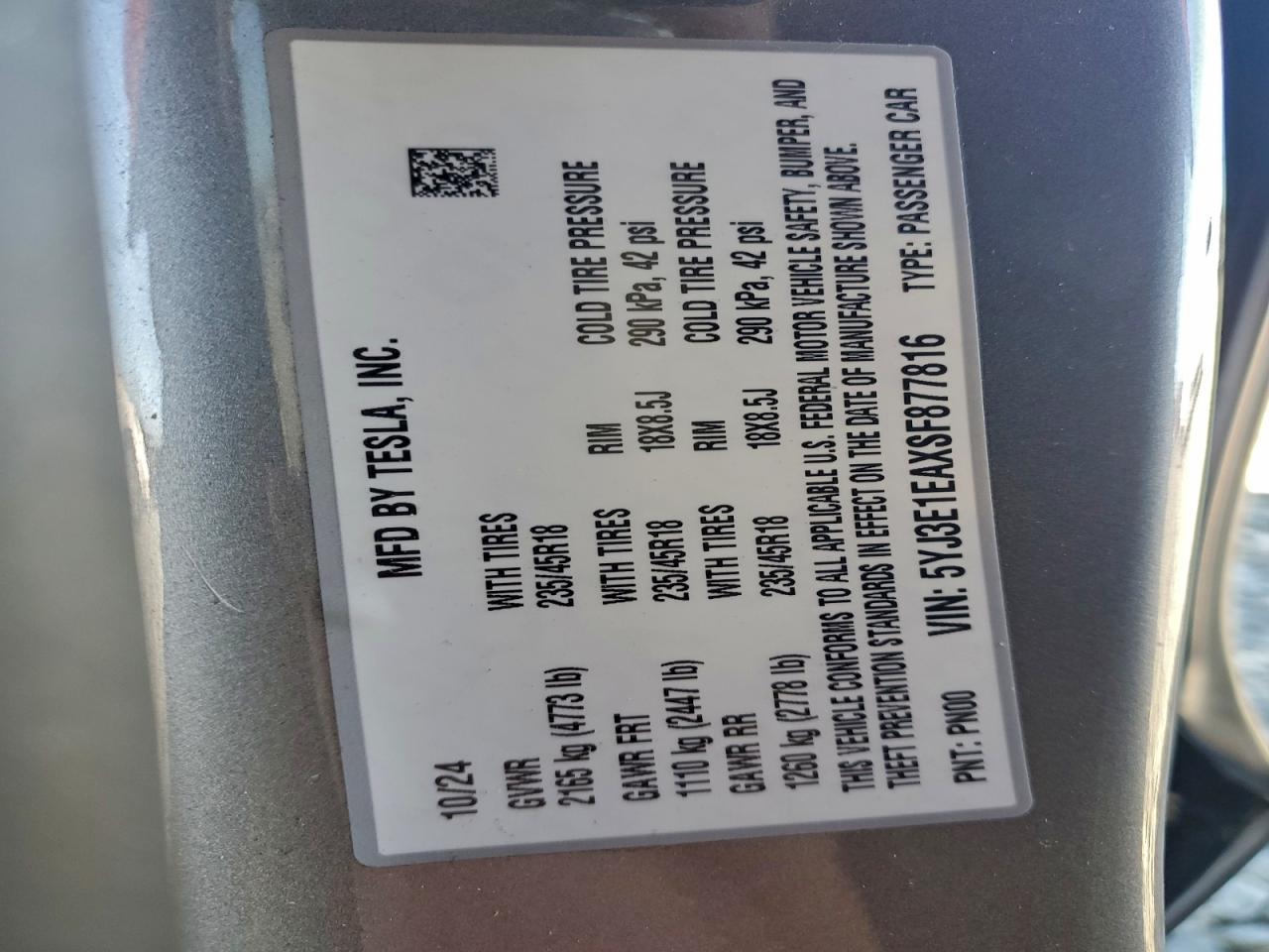 2025 Tesla Model 3 VIN: 5YJ3E1EAXSF877816 Lot: 95004695