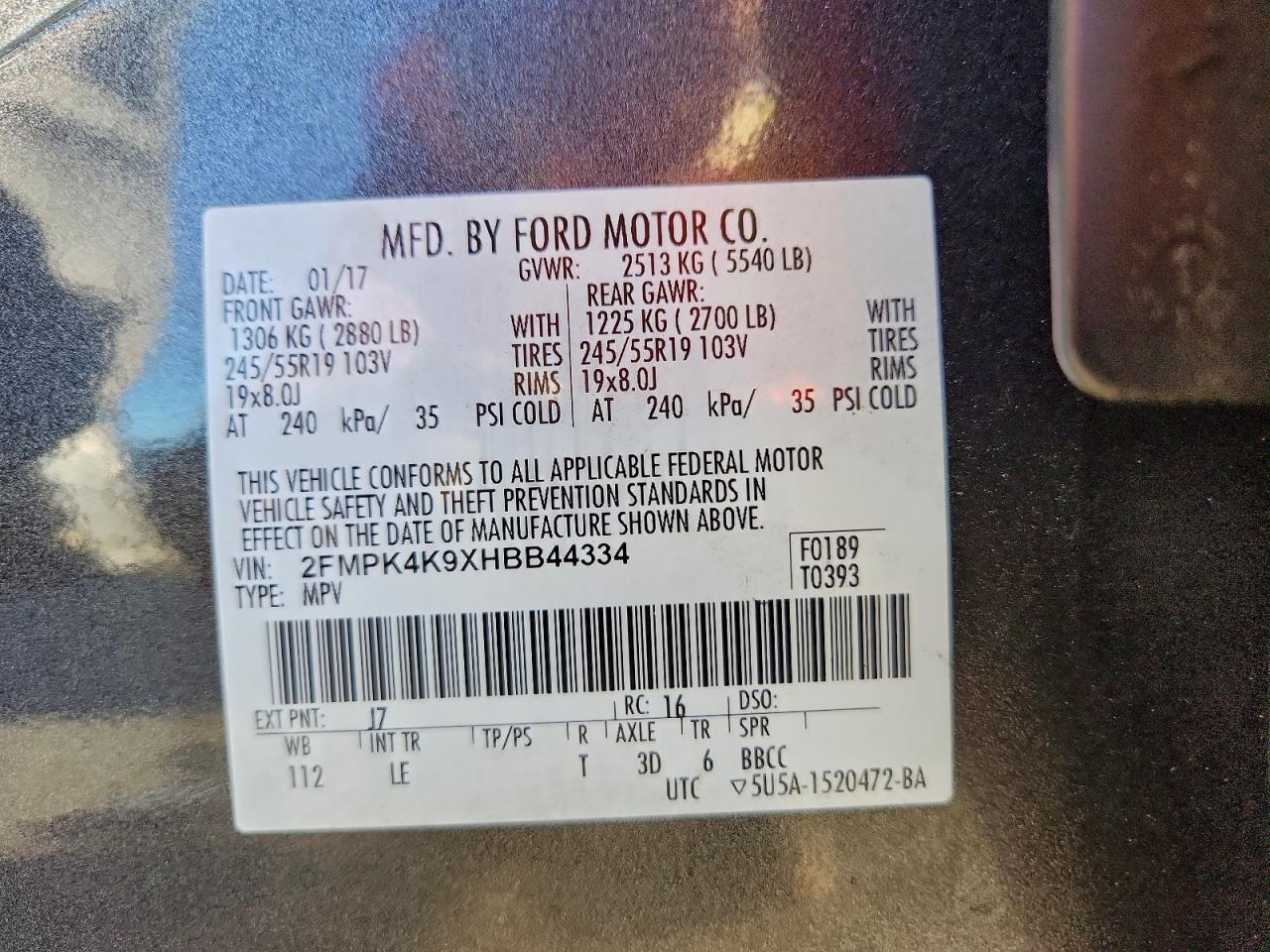 2017 Ford Edge Titanium VIN: 2FMPK4K9XHBB44334 Lot: 97239735