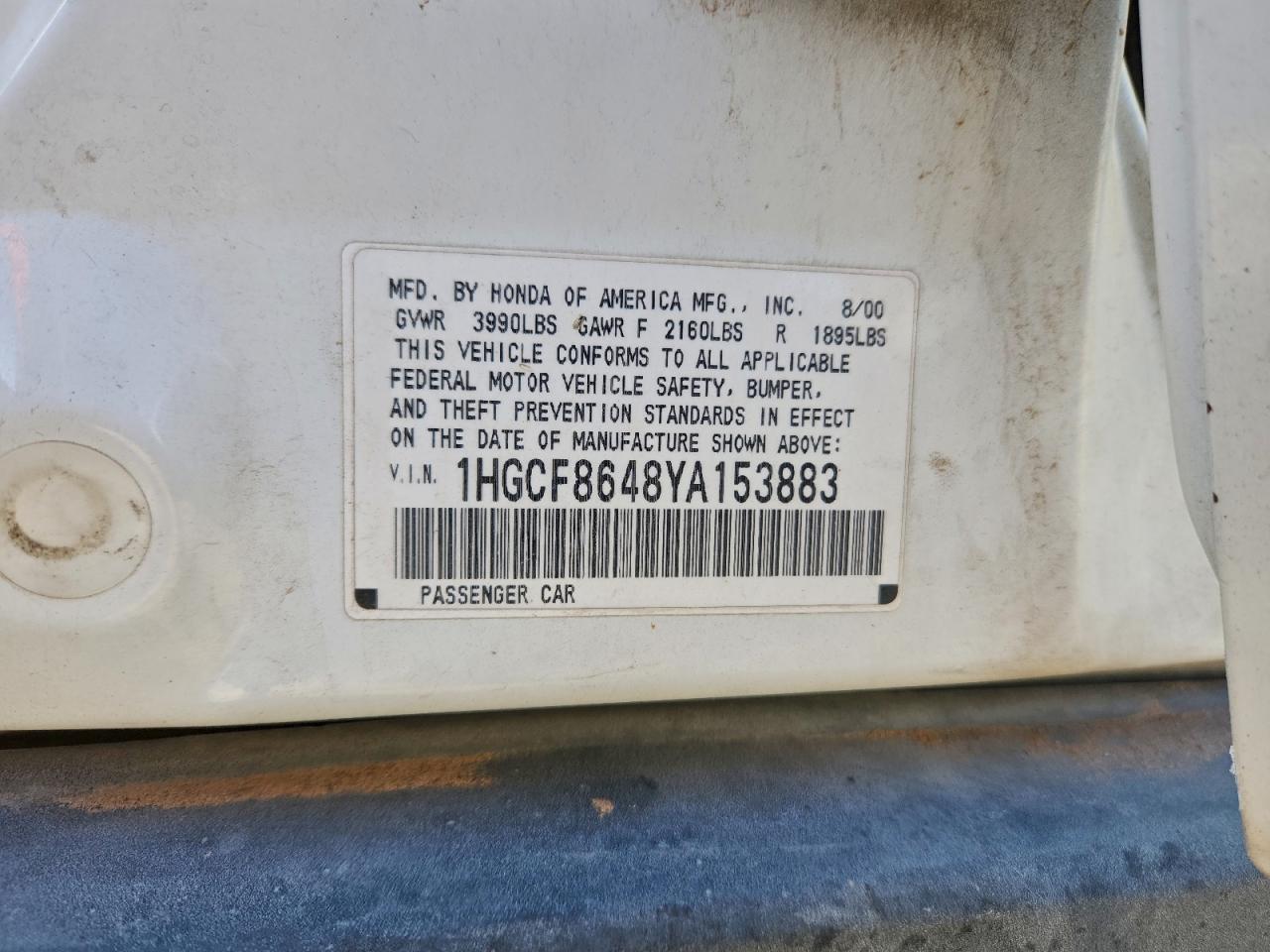 2000 Honda Accord Dx VIN: 1HGCF8648YA153883 Lot: 97964155