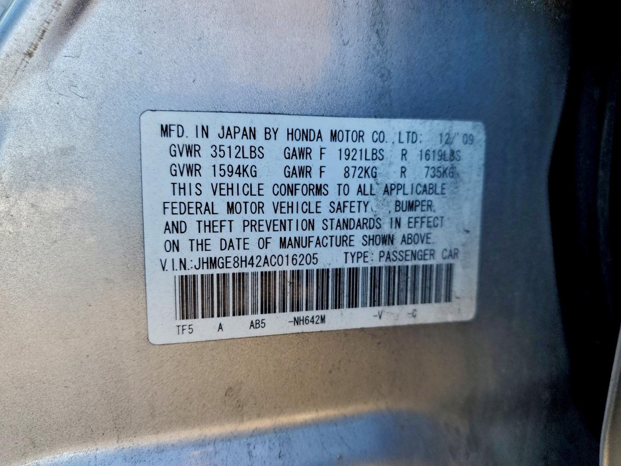 2010 Honda Fit Sport VIN: JHMGE8H42AC016205 Lot: 94663405