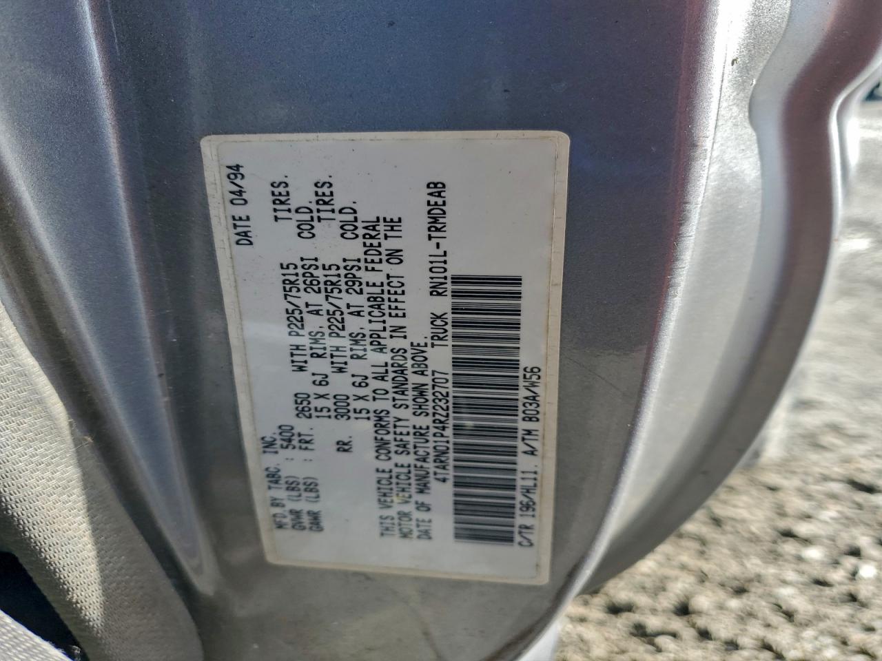 1994 Toyota Pickup 1/2 Ton Short Wheelbase Dx VIN: 4TARN01P4RZ232707 Lot: 94696015